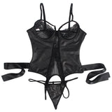 New Sexy Black Leather Hollow Out Bra Design Teddy Lingerie