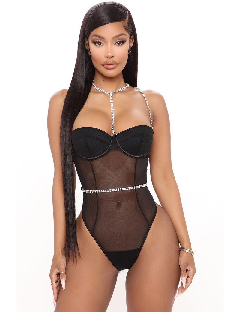 One-piece Black Mesh Underwire Bodysuit with Diamond Belt