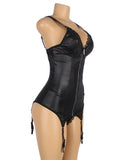 Sexy Two Piece Zipper Front Leather Babydoll With Garter Belt
