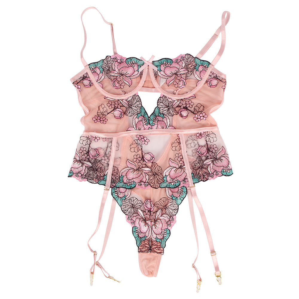 Sexy Colorful Floral Open Crotch Pink Teddy Lingerie