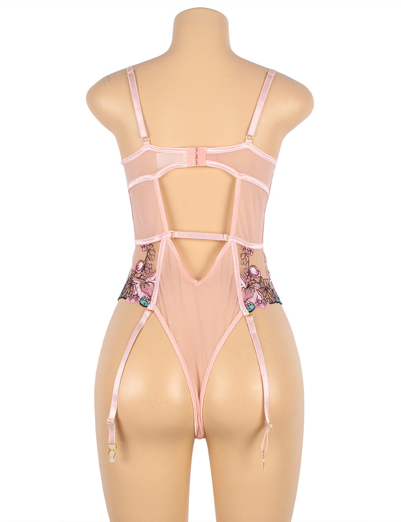 Sexy Colorful Floral Open Crotch Pink Teddy Lingerie