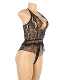Pink & Black Lace Floral Deep V Neck Sheer Teddy Lingerie With Farawlaya