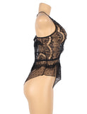 Pink & Black Lace Floral Deep V Neck Sheer Teddy Lingerie With Farawlaya