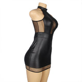 Sexy Solid Black Color Halter Leather Lingerie Dress