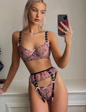 New Pink Floral Lace Underwire Garter Bra Set