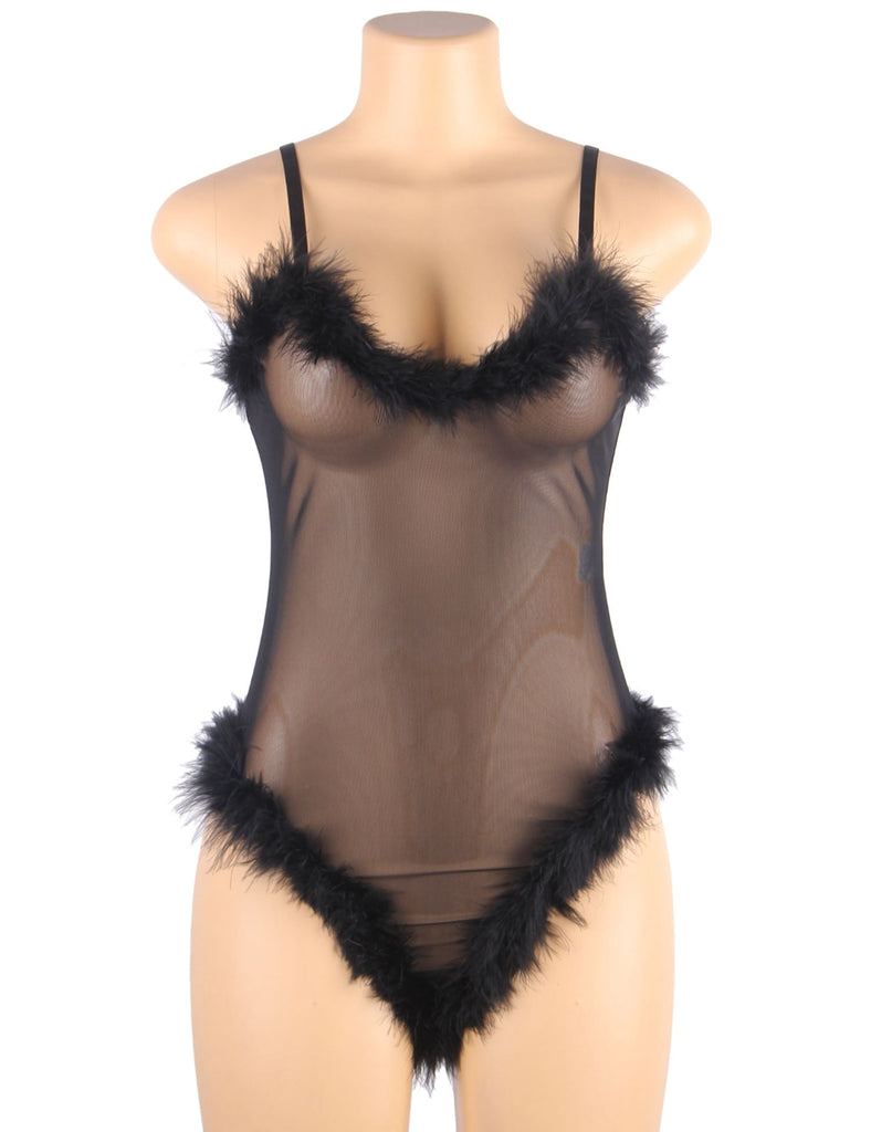 Hot Sale Black Long Sleeves Fur Nightgowns and Teddy Lingerie