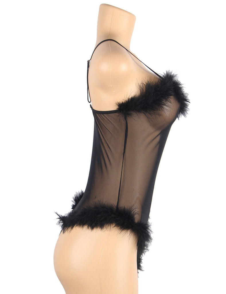 New White & Black  Long Sleeves Fur Nightgowns and Teddy Lingerie