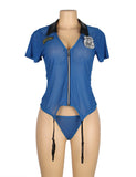 Blue Zipper Front Sexy Garter Belt Police Costume with Handcuffs