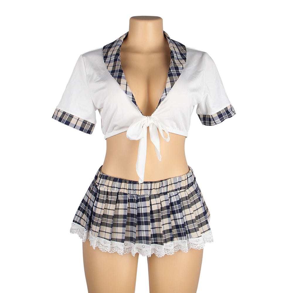 Sexy White Crop Top Plaid Skirt Cosplay Suit Uniform