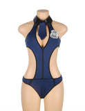 New Dark Blue V Neck Zipper Front Hollow Out Bodysuit Police Costume with Badge