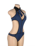 Dark Blue V Neck Zipper Front Hollow Out Bodysuit Police Costume with Badge