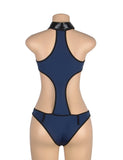 Dark Blue V Neck Zipper Front Hollow Out Bodysuit Police Costume with Badge