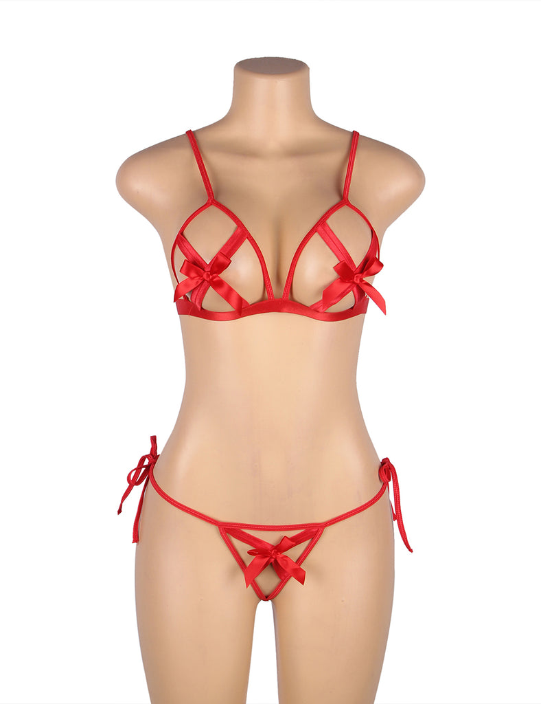 Red Hollow Out Bow-Knot Bra Set with Wristband