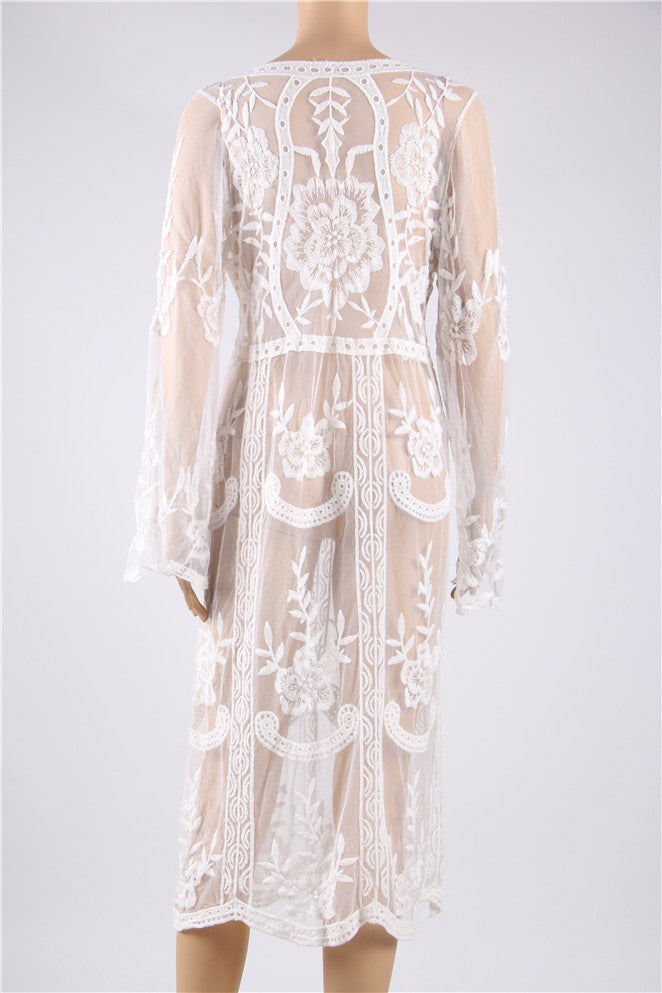 New Long White Lace Floral Sumber Beach Dress
