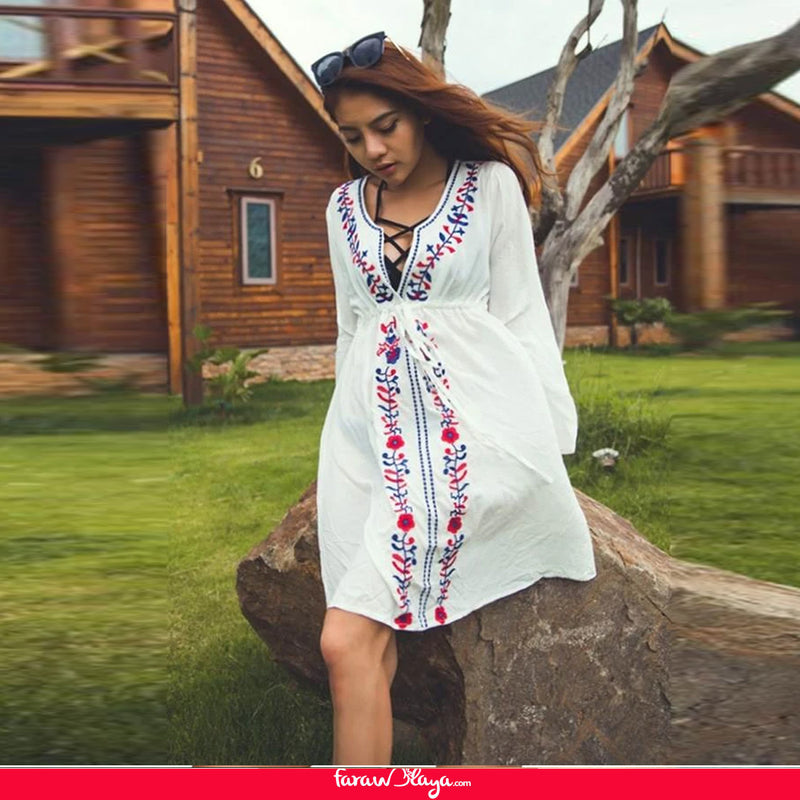 White Embroidered Kimono Long Sleeve Beach Dress