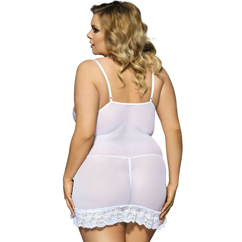 Plus Size White And Purple Embroidered Lace Cups Babydoll