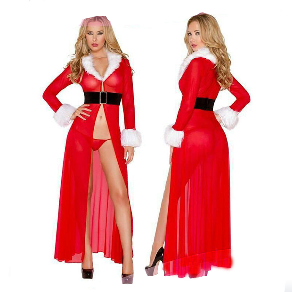 Womens Christmas Sexy Long Sleepwear Fluffy Fur Belt Underwear Night Dress Coat