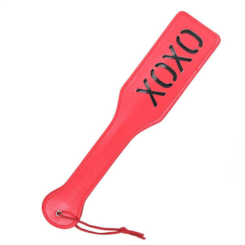 Red leather BDSM whip with 'xoxo' imprint