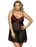 Black Plus Size Transparent Babydoll With Red Ribbon