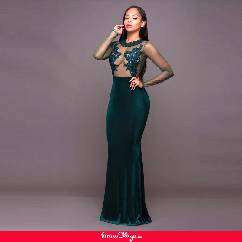 Green Mesh Lace Applique Velvet Maxi Dress