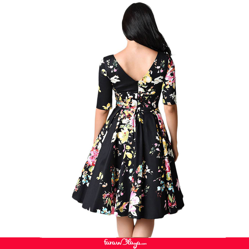 Half Sleeve Black Vintage Style Floral Swing Dress With Farawlaya