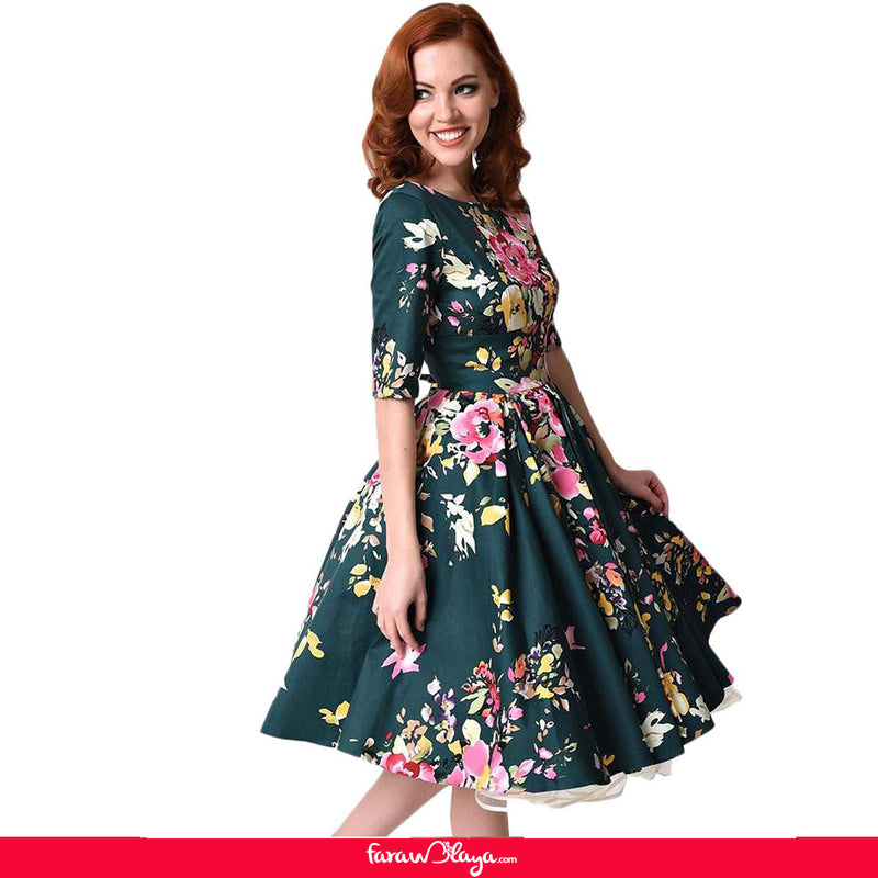 Half Sleeve Jasper Vintage Style Floral Swing Dress