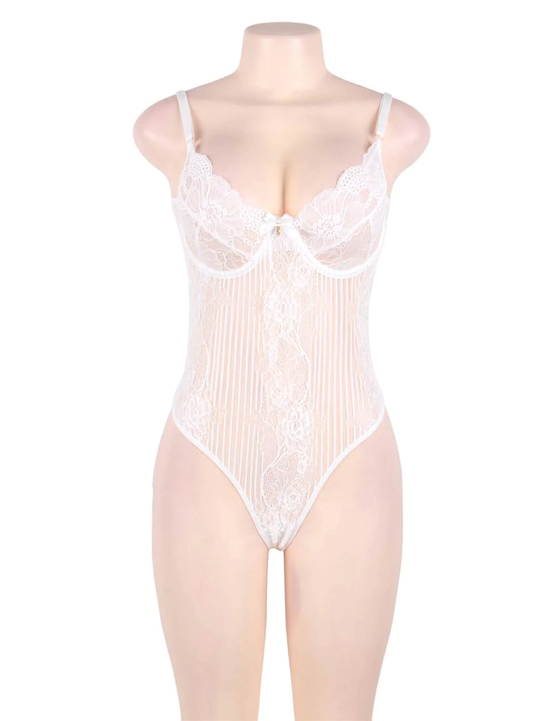 New Plus Size White Glamour Underwire Hollywood Sheer Lace Teddy With Steel Ring