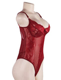 Wine Red Glamour Underwire Hollywood Sheer Lace Teddy With Steel Ring