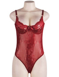 Wine Red Glamour Underwire Hollywood Sheer Lace Teddy With Steel Ring