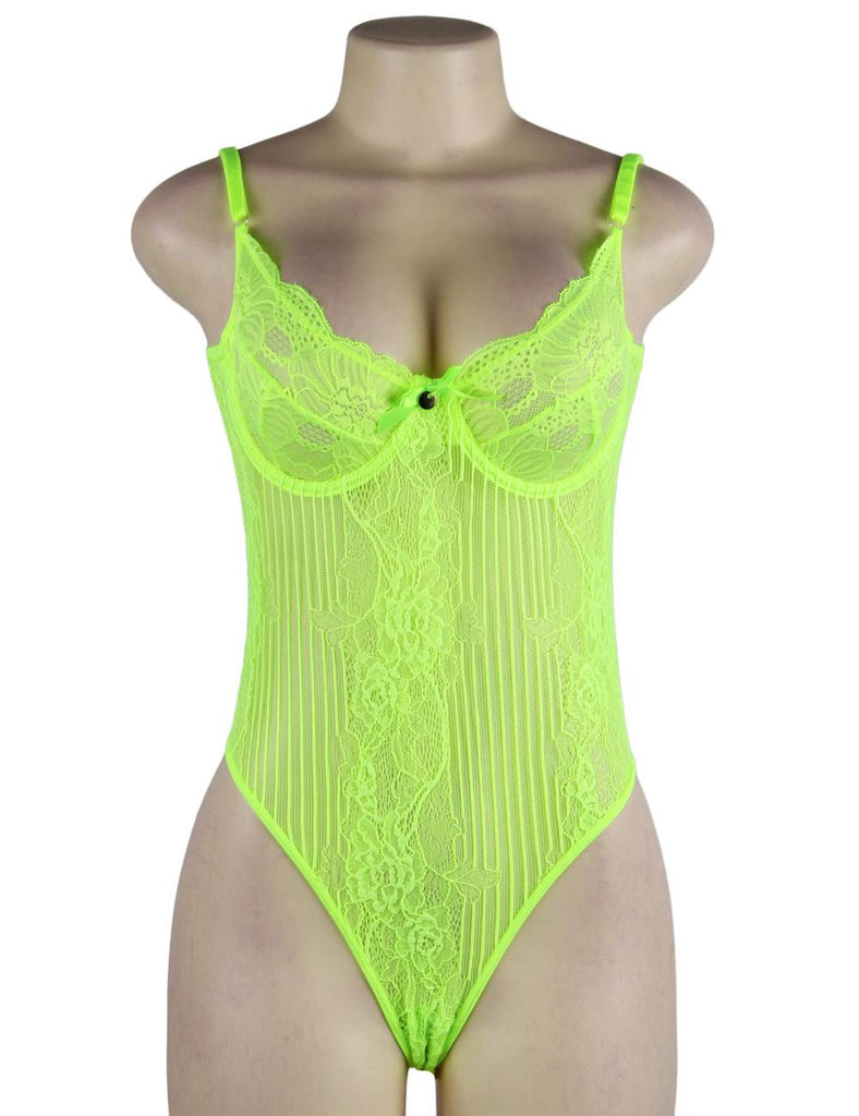 Chartreuse Glamour Underwire Hollywood Sheer Lace Teddy With Steel Ring