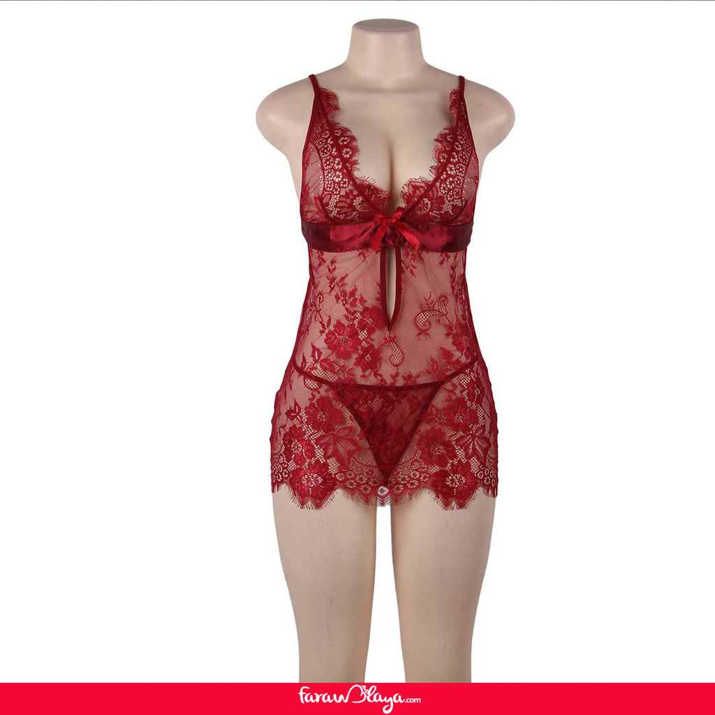 Plus Size Intimate Wear Red Eyelash Lace Sexy Holiday Lingerie