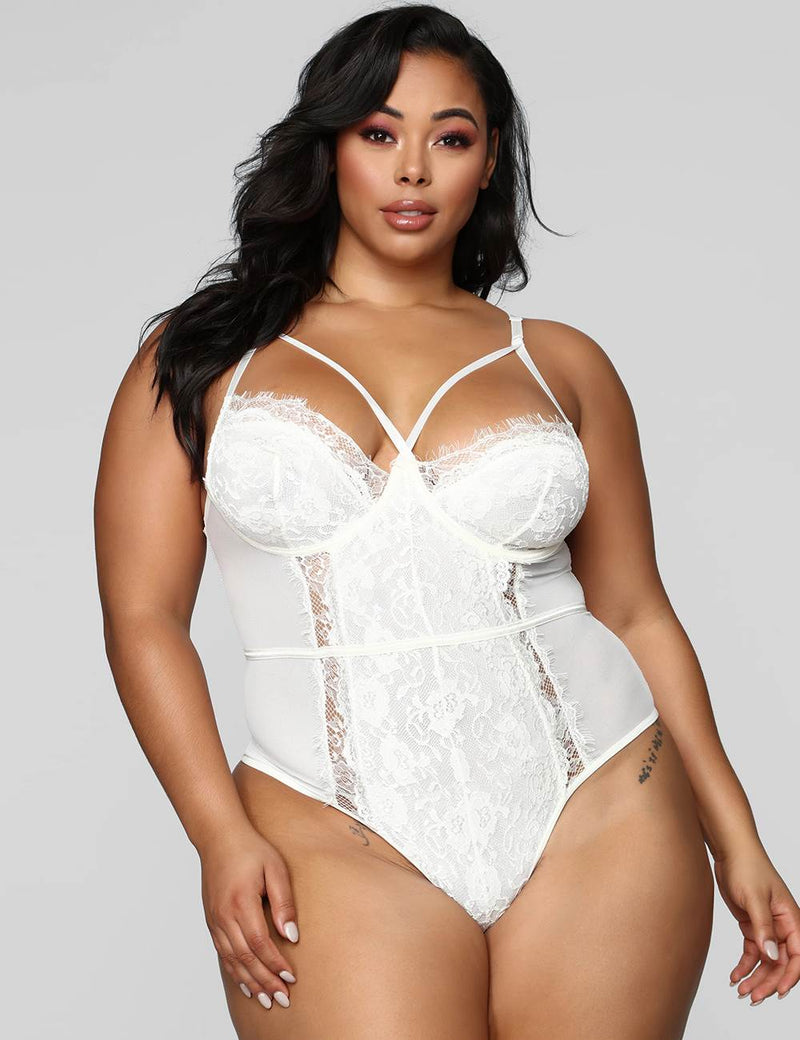 White Lace High Quality Eyelash Lace Splice Sexy Bodysuit