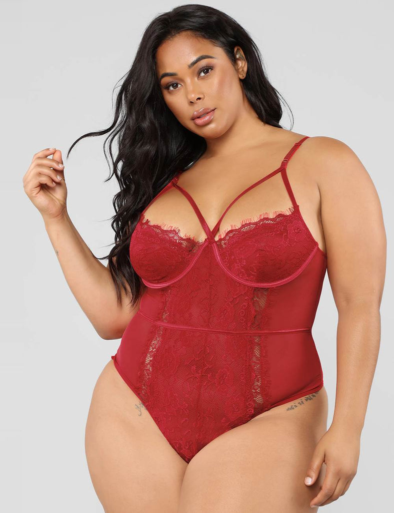 Wine Red Lace High Quality Eyelash Lace Splice Sexy Bodysuit
