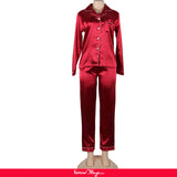 Wine Red Long Sleeve Silk Pajamas Set Two Piece Set
