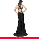 Embroidery High Neck Keyhole Backless Black Party Gown