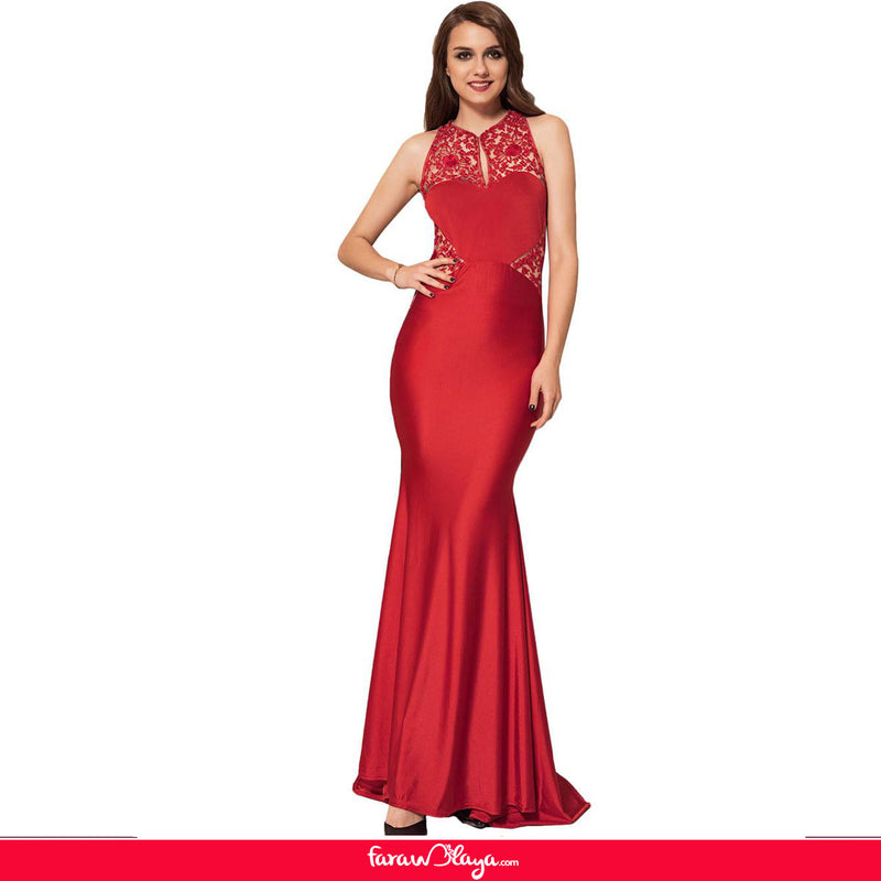 High Neck Red Embroidery Flower Backless Party Dress