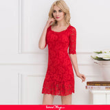 Red Short Sleeve Round Neck Lace Bodycon Dress