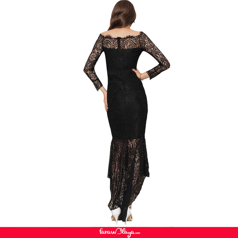 Black Delicate Floral Lace Low Hem Evening Dress