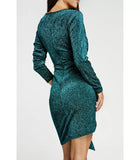 Green long-sleeved v-glitter dress with bow tie