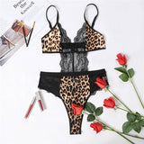 Sexy Leopard print Lace Stitching Teddy Without Underwire