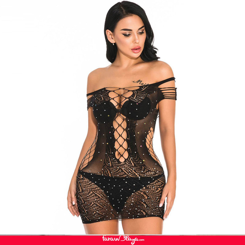 With Farawlaya Sexy Sparkle Glitter Rhinestone Fishnet Hollow Out Lingerie Bodysuit