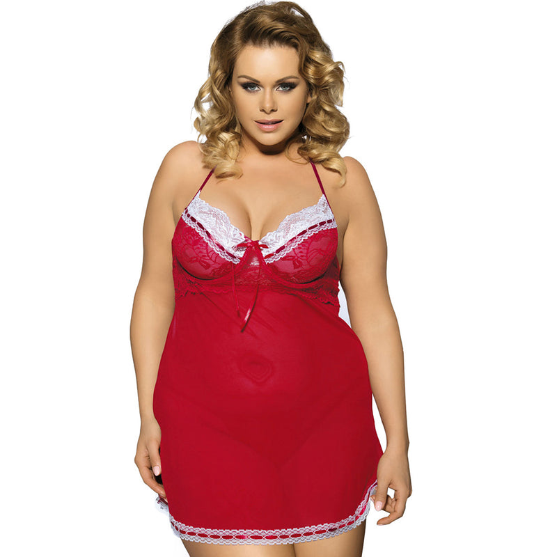 Red Plus Size Halter Open Back Mesh Babydoll