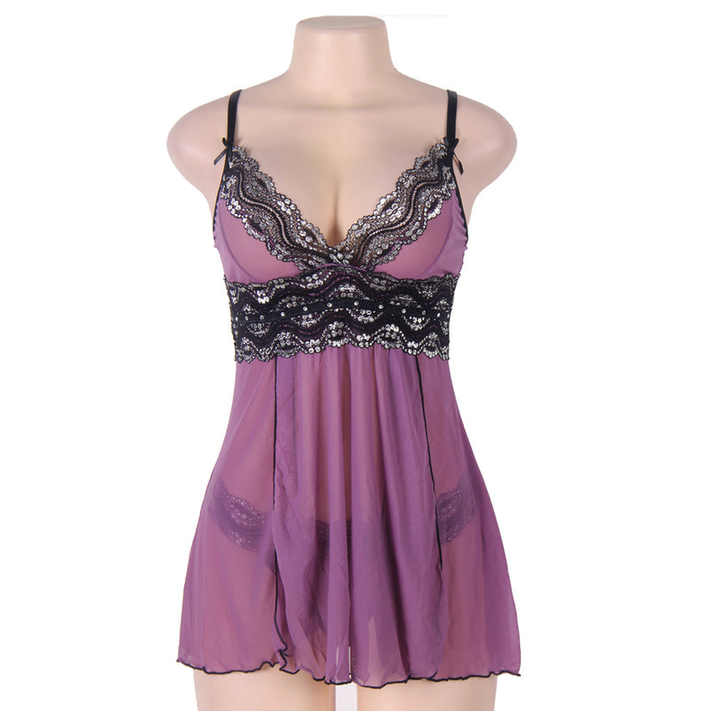 Purple Plus Size Mesh and Metallic Lace Babydoll Egypt