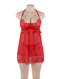Sexy Red & Black Sheer Floral Eyelash Trim Lace Babydoll Set With Underwire