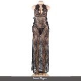 Black Lace Sheer High Split Dress With Thong