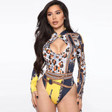 Fashion Printed Long Sleeves Exposed Chest Mature Sexy Bodysuit