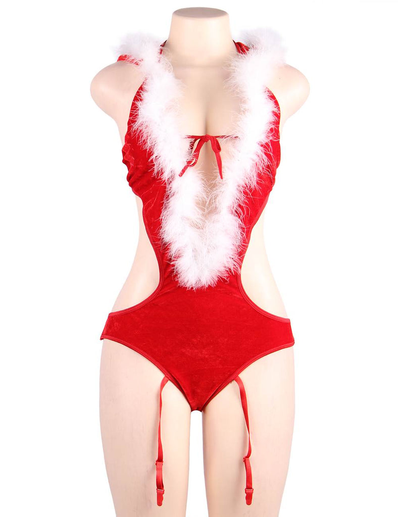 Deep V-neck Backless Red Color Christmas Romper Costume