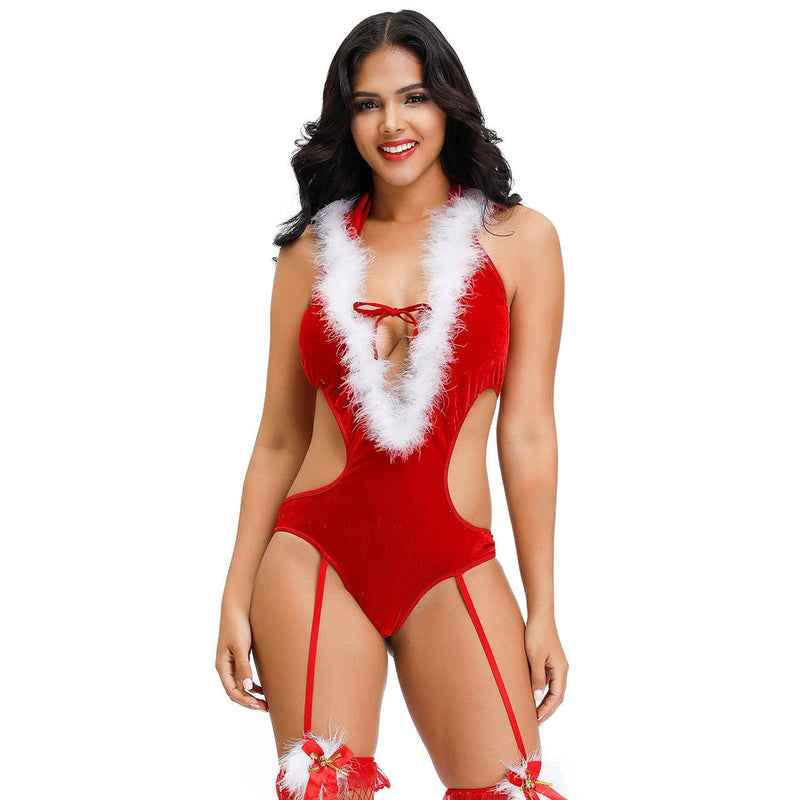 Deep V-neck Backless Red Color Christmas Romper Costume Egypt