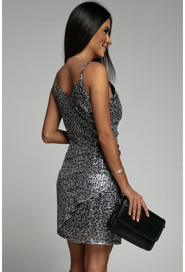 Wrap V Neck Leopard Sequin Cami Dress